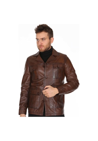 Hakiki Kuzu Derisi Fermuarlı Dört Cepli Düğme Detaylı Erkek Deri Ceket Kahverengi Kahverengi