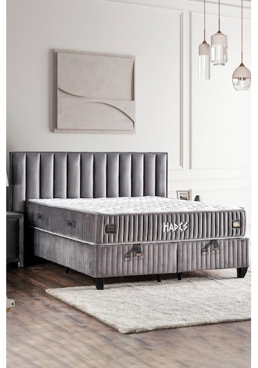 Hades Yatak Baza Ve Başlık Seti 150x200 Cm Çift Kişilik Paket Yaylı Lüks Yatak Koyu Gri Baza Başlık