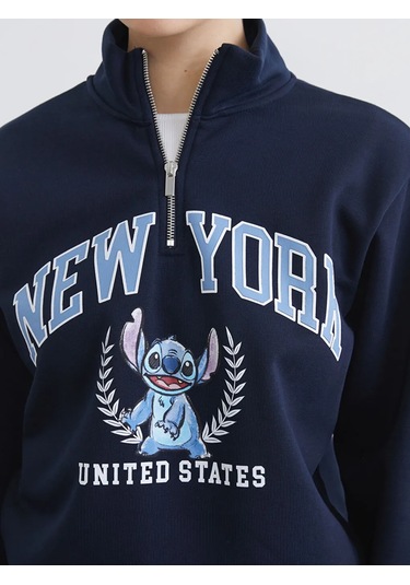 Lc Waikiki Lacivert Dik Yaka Stitch Baskılı Oversize Kadın Sweatshirt