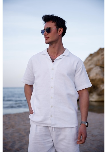 Beyaz Renk Gömlek Şort Erkek Keten Takım-1765 Beyaz