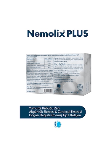 Tab İlaç Nemolix Plus Tip II Kolajen Yumurta Kabuğu Zarı 30tablet