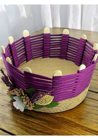 Çok Amaçlı Sepet Hasır El Yapımı Organizer Takı Kutusu Komodin Makyaj Banyo Mor