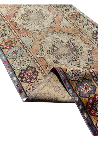 El Dokuma Vintage Eskitme Maden Halısı 94x300 Yün 3 Metre Yolluk Renkli