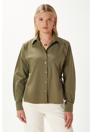 Kadın Adrian Yan Bağlama Detaylı Haki Gömlek Haki
