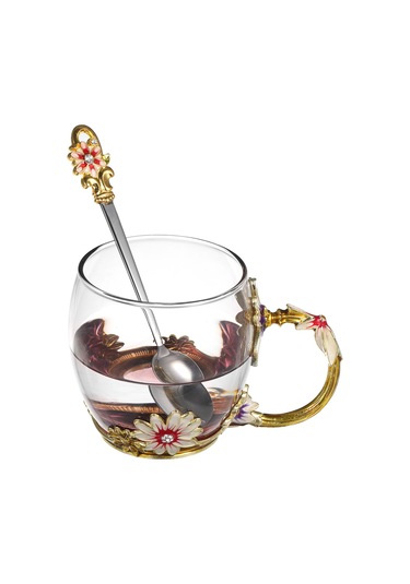 Monyee 320ml Kahve Rengi Porselen Çiçek Desenli Bardak + Kaşık + Temizleme Bezi Seti - Isı Dayanıklı Çay/kahve Bardakları - Ev Dekorasyonu Paket Kahve