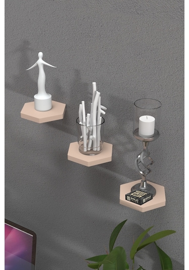 Duvar Rafı Dekoratif 3 Adet Çiçeklik Altıgen Krem