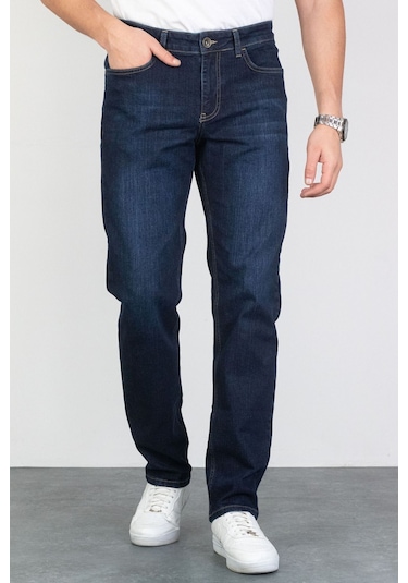 Regular Fit Boru Paça Likralı Erkek Jeans Kot Pantolon - Koyu Mavi