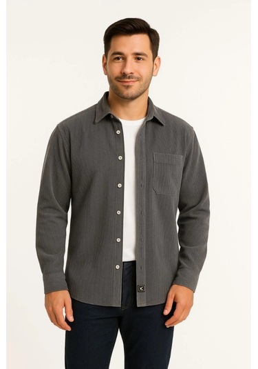 Erkek Fitilli Kadife Cepli Gömlek Oversize Rahat Kalıp - Füme Füme