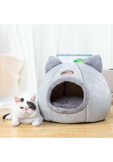 Geeroyoo Kedi Köşesi Kışlık Sıcak Kapalı Desenli Yumuşak Tüy Dolu 35 Cm 12 Kg'a Kadar Uygun Gri Renkli Ev