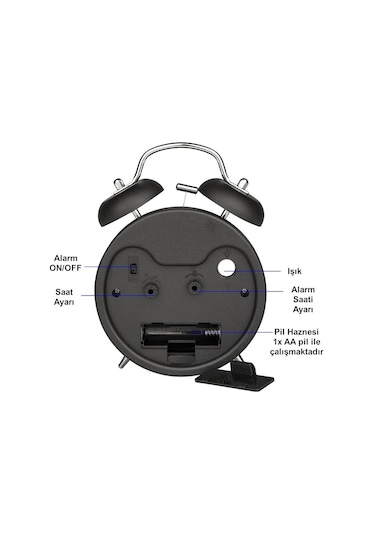Valkyrie Sessiz Akar Saniyeli 16cm Alarm Masa Çalar Saat Yüksek Zil Sesi Büyük Boy Siyah