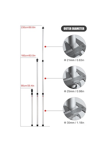 Symbee Alüminyum Çok Bölmeli Genişletilebilir Çadır Direği, 90-230 Cm Yükseklik Ayarı, Hızlı Kurulum, Güneşlik/çadır Desteği, Gümüş Renk, Tek Adet Gümüş