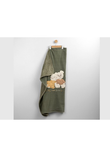 Ayı Nakışlı İçi Peluşlu Polar Battaniye -90x90 Haki