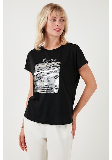 Lela Baskılı Bisiklet Yaka Regular Fit Bayan T Shirt 6671000 Siyah