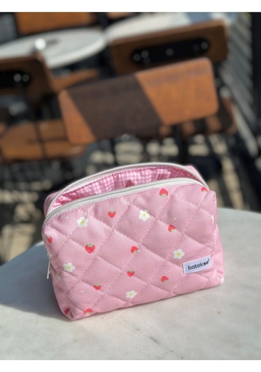Batekso Mini Çilek Desenli Makyaj Çantası  Büyük Boy