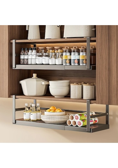 Honeybeeshop 1 Adet Siyah Büyük Ayarlanabilir Metal Dolap Rafı Baharat Şişeleri Ve Soslar İçin Genişletilebilir Mutfak Depolama Rafı