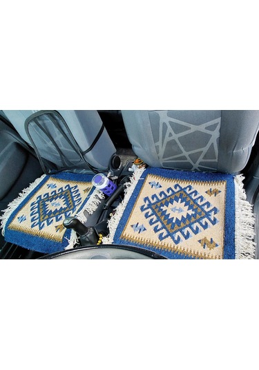 Reversible Oto Koltuk Kilim Seti 3 Parça Makine Dokuma Akrilik & Polyester Saçaklı - Mavi