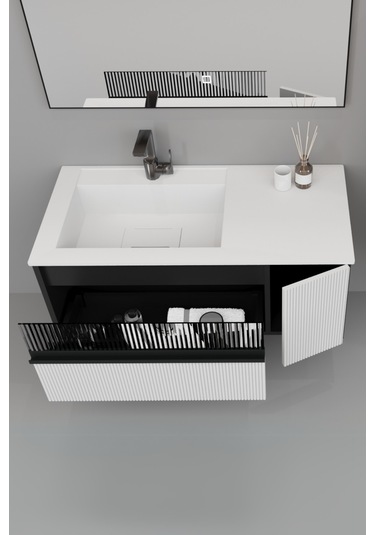 Sable 85 Cm Beyaz Lavabolu Banyo Dolabı - Siyah Beyaz (boy Dolap Dahil) Beyaz - Siyah