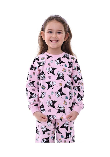 Kız Çocuk Kedi Desenli Uzun Kollu Pijama Takımı-913 Pembe