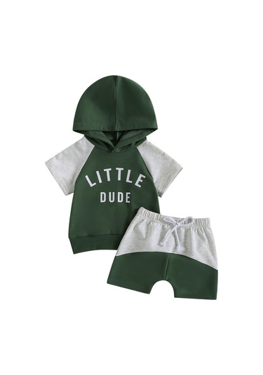Yeşil Bebek Erkek Yaz Giysileri Kıyafetler Mektup Baskı Kontrast Renk Kapşonlu Kısa Kollu Üstler Ve Şort 2 Adet Takım Elbise Yeşil