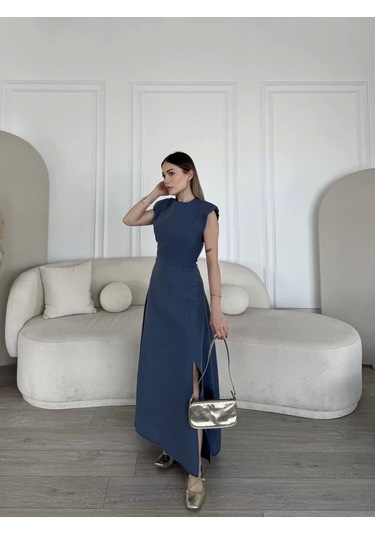 Keten Yandan Yırtmaçlı Uzun Elbise Sıfır Kol Elbise - Mavi Mavi