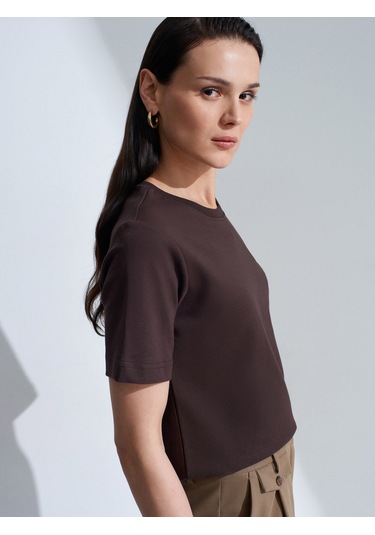 Dilvin 31763 %100 Pamuk Bisiklet Yaka T-shirt-koyu Kahve Kahverengi