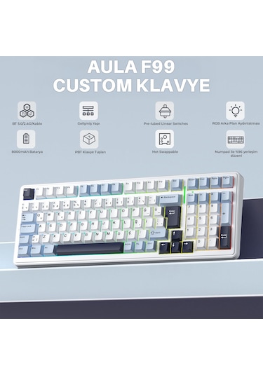 Aula F99 Mekanik Rgb Graywood V4 Switch 3 Modlu Kablosuz Makrolu Hot Swap Türkçe Q Klavye Lacivert
