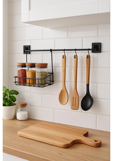 2 Parça Metal Askılı Mutfak Organizeri & Mutfak Rafı & Sepet Siyah
