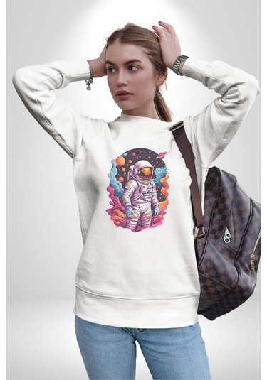 Ay Mars Astronot Unisex Beyaz Baskılı Sweatshirt Beyaz
