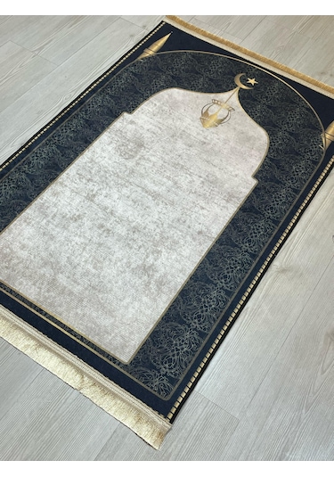 Seccade Diz Ağrıtmayan Yumuşak Gold Saçaklı Seccade Ve Namazlık Siyah - Altın