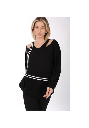 Ysatis Minimalist Oversize V Yaka Uzun Kol Kadın Bluz - Günlük & Özel Gün Siyah