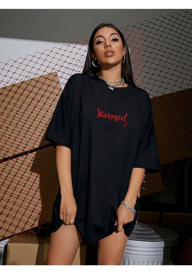 Kadın Siyah Oversiz Baby Girl Baskılı Örme T-shirt Siyah