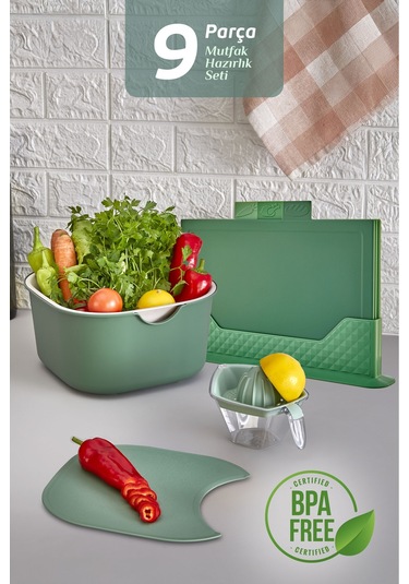 9'lu Mutfak Hazırlık Seti - Yatay Standlı Kulplu Kesme Tahtası Karıştırma Kabı Süzgeç Limon Sıkacağı Yeşil