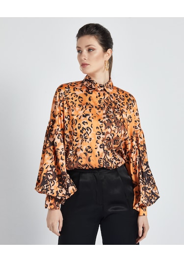 Kadın Leopar Desenli Gömlek - Balon Kol - Saten - Modern Ve Şık Tasarım - Günlük Ve Özel Gün Kullanımı İçin Gömlek Orange