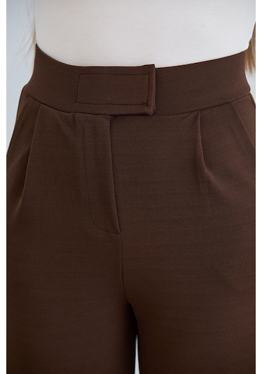 Kadın Gri Cırt Cırtlı Kapama Rahat Palazzo Likralı Esnek Beli Lastikli Pantolon Yüksek Bel Kahverengi