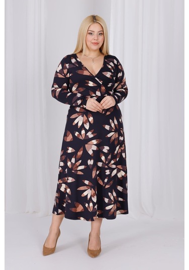 Kadın Siyah Kahve Floral Desen Kruvaze Yaka Büyük Beden Esnek Maxi Elbise Siyah - Kahve