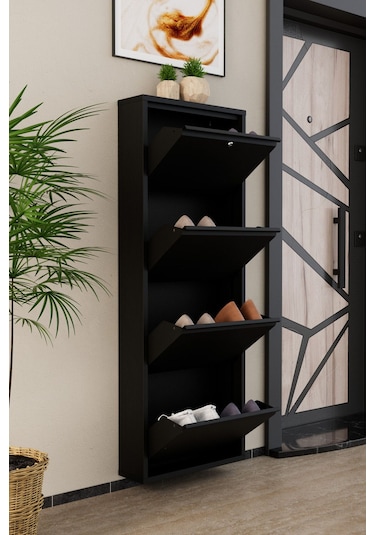 Kilitli 4 Kapaklı Metal Ayakkabılık Siyah Siyah