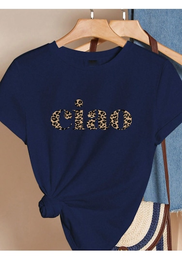 Unisex Pamuklu Ciao Ön Baskılı Tasarım Tshirt Lacivert