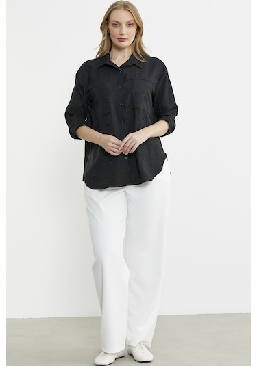 Çiçek Nakış Detaylı Cepli Gömlek - Siyah Siyah
