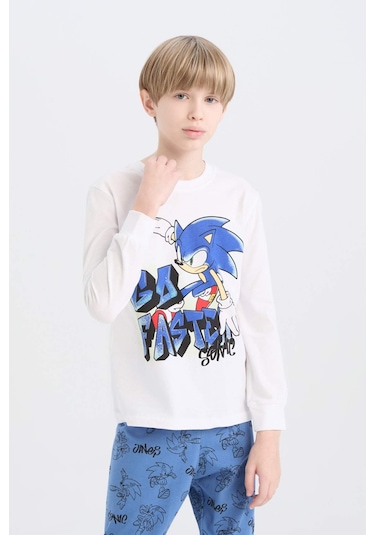 DeFacto Erkek Çocuk Pijama Takımı Sonic the Hedgehog Bisiklet Yaka Uzun Kollu Tişört Uzun Alt D5513A824WNWT34