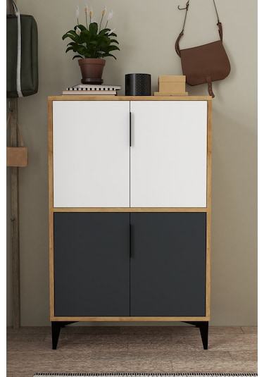 1404 Ada Ayakkabılık 4 Raflı 4 Kapaklı Çok Amaçlı Dolap Kiler Safir Beyaz Antrasit Safir Beyaz - Antrasit - Safir