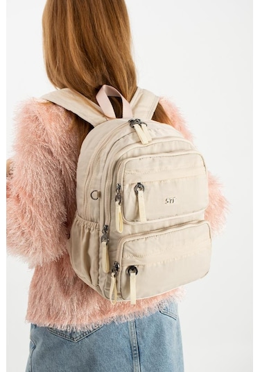 Kadın Sırt Çantası Ultra Hafif Poliamid Kumaş Su Geçirmez Çok Cepli Günlük Sırt Çantası 35 25 Cm Krem