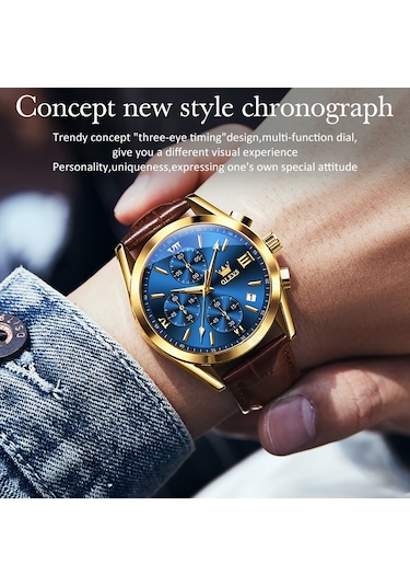 Olevs 2872 Erkekler Üç Göz Altı İğne Kronograf Su Geçirmez Kuvars Saat Mavi + Altın