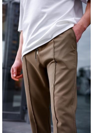 Erkek Haki Renk Esnek Likralı Fermuar Detaylı Jogger Pantolon-1749 Haki
