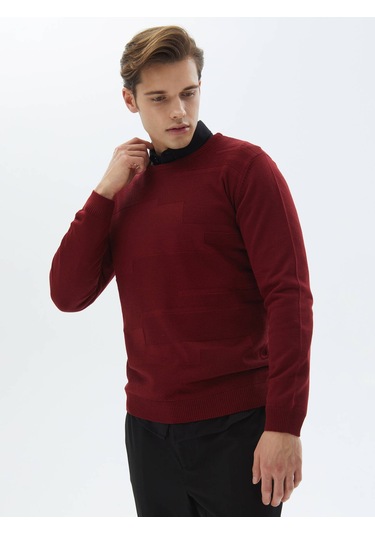 Kırmızı Bisiklet Yaka Jakarlı Yün Karışımlı Triko Kazak Kırmızı