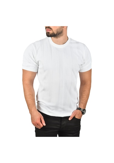 Deepsea Erkek Beyaz Dar Kesim Pamuklu Triko Tişört Slim Fit Nefes Alan Bisiklet Yaka Tişört 2504348 Beyaz