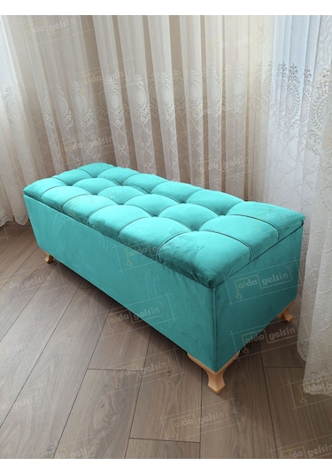 Lüks Çizgi Kapitoneli Sandıklı Puf Bench 120 Cm Gold Ayak Turkuaz