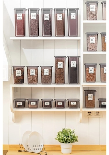 Meleni Home 32'li Etiketli Kapaklı Kare Erzak Saklama Kabı Seti 8x 0,3 Lt-0,5 Lt-1,1 Lt-1,7 Lt Baharatlık