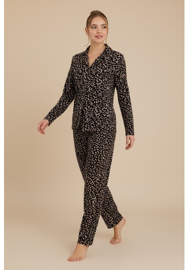Luxury Soft Siyah Leopar Desenli Uzun Kollu Kadın Pijama Takımı 3058 Leopar2