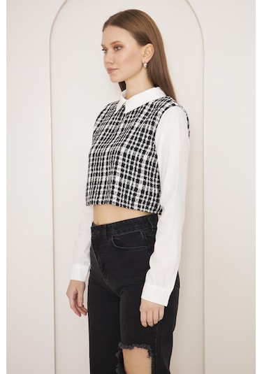 Darlin Moda Siyah Tweed Gömlek Yaka Crop Bluz Dm9002 Siyah