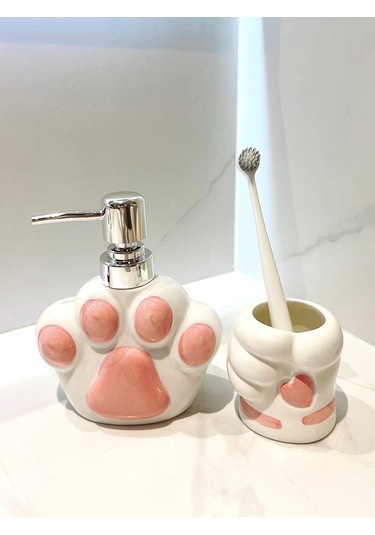 Banyo Sabunluk Seramik Kedi Paw Losyon Dispenseri Basın Tipi El Bej - Sarı